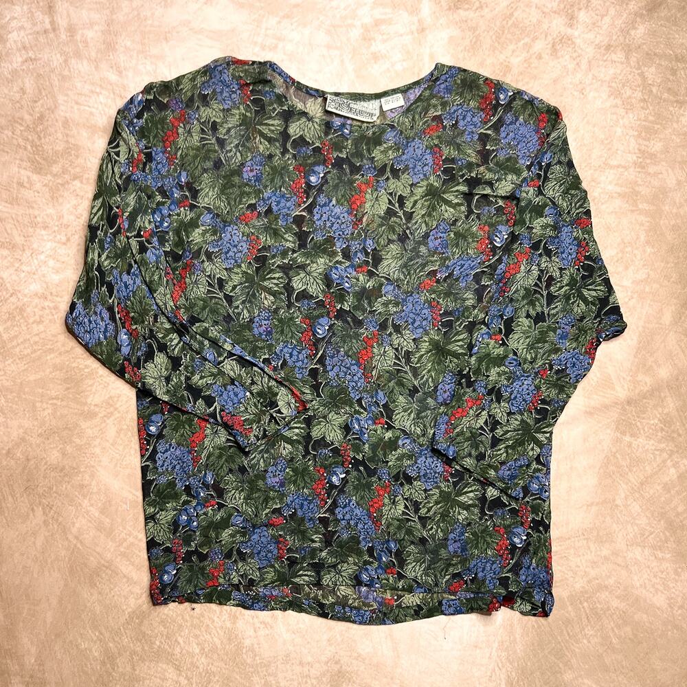 Vintage 90s New Options By Kate Geddes Sheer Mesh Berry Top Floral Multicolor